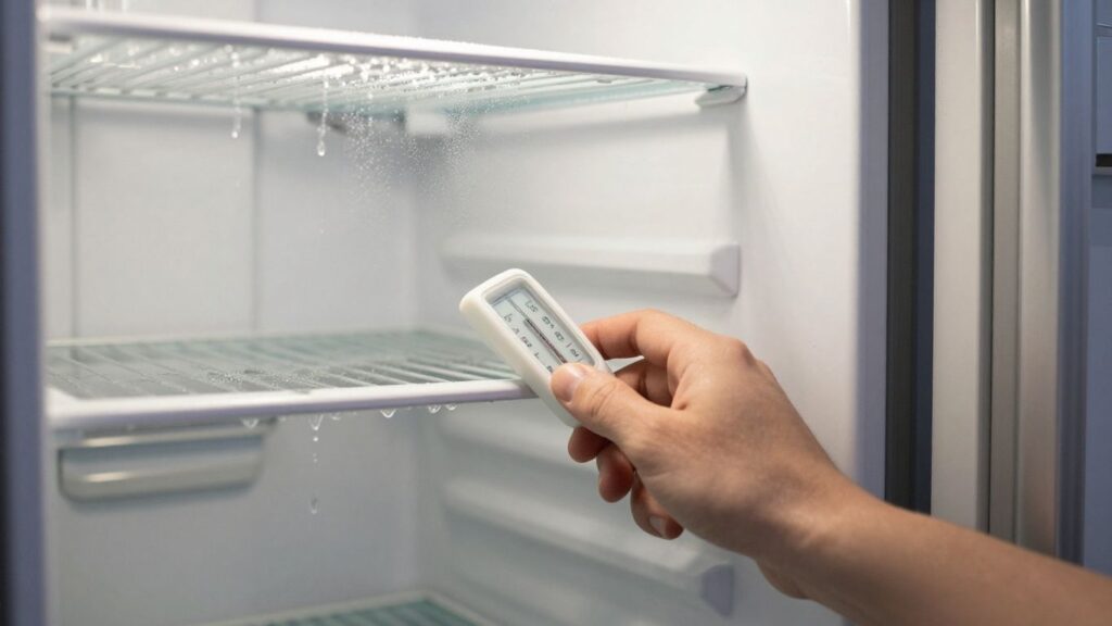 Refrigerator interior with frost and condensation.