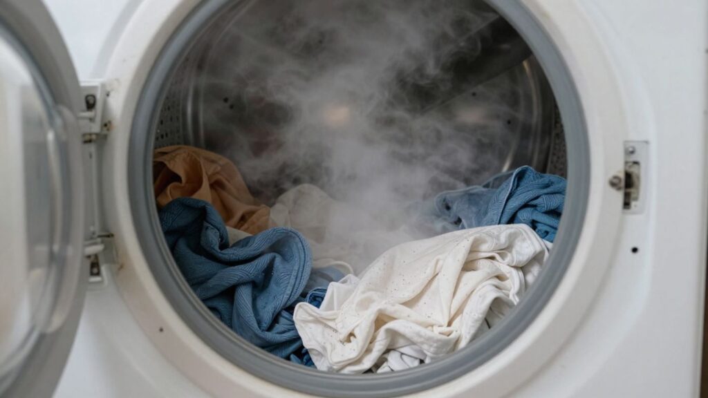 Dryer not heating, damp clothes, repair tools.